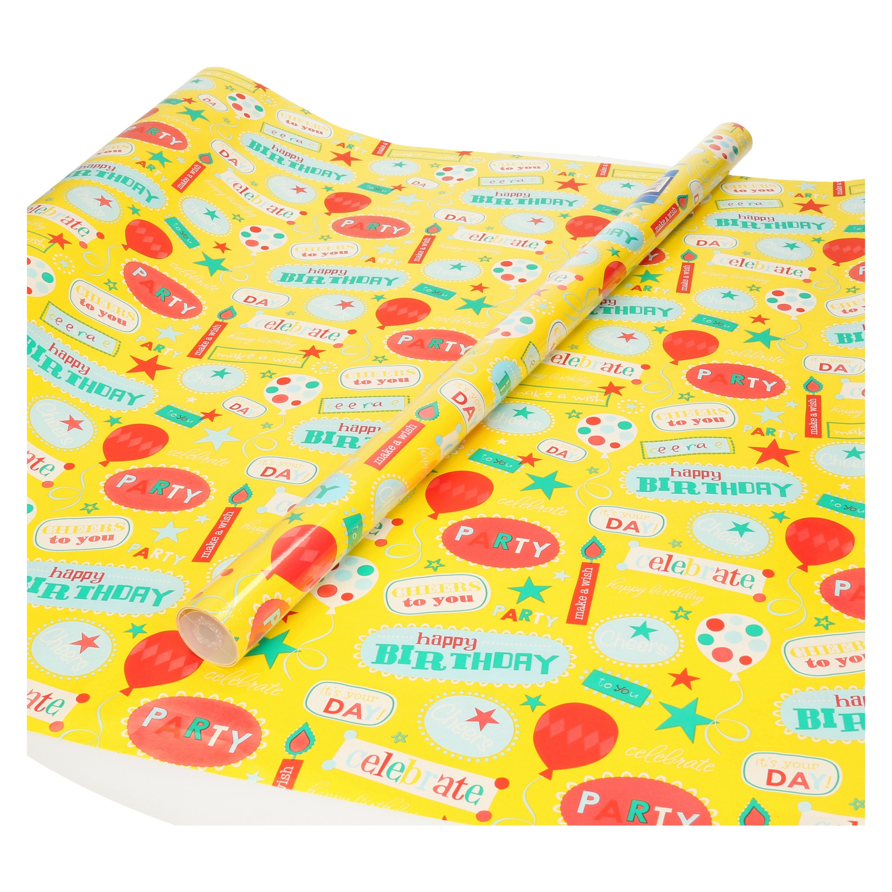 3x rollen inpakpapier-cadeaupapier geel Happy Birthday 200 x 70 cm