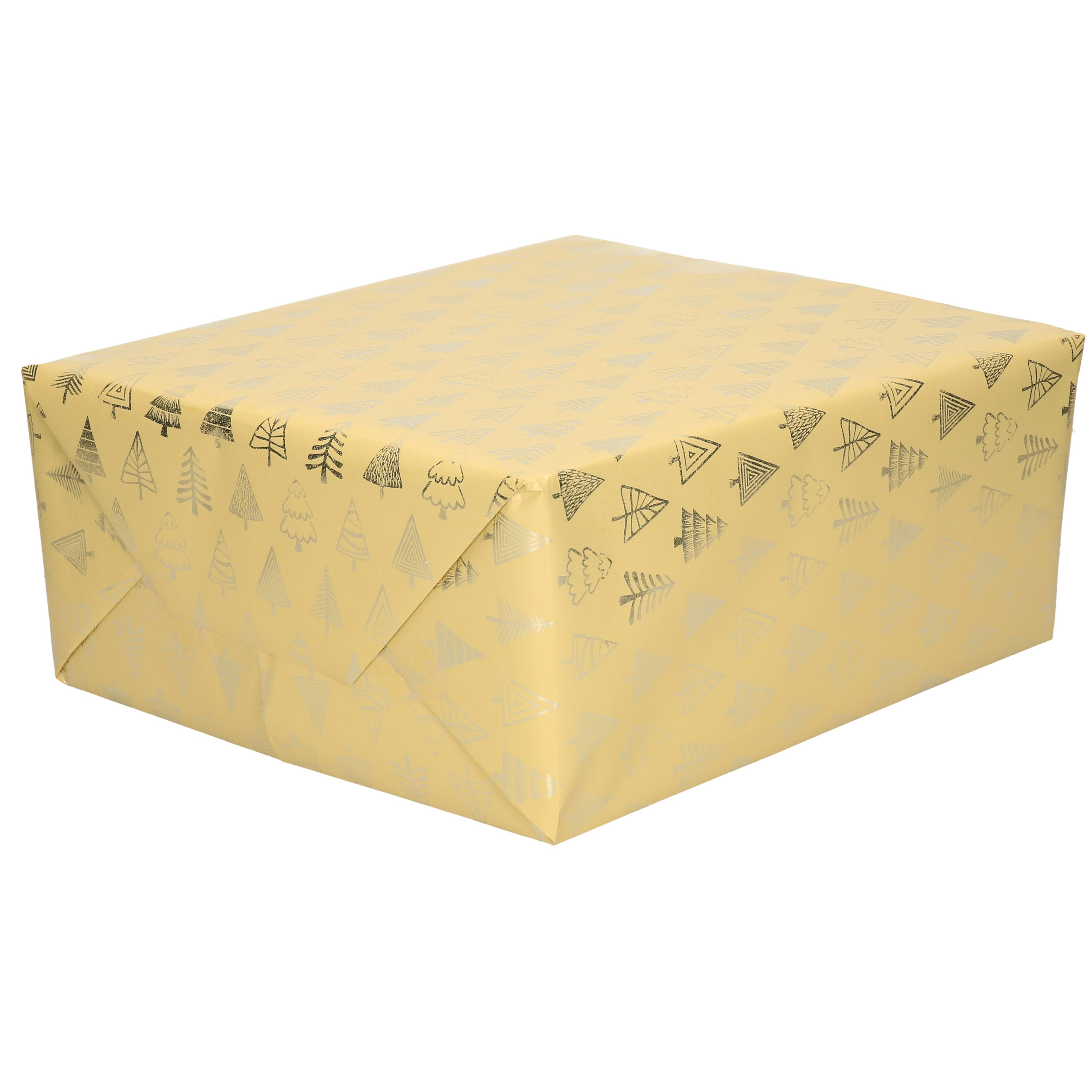 3x Rollen inpakpapier-cadeaupapier Kerst print beige-gouden kerstbomen 250 x 70 cm luxe kwaliteit