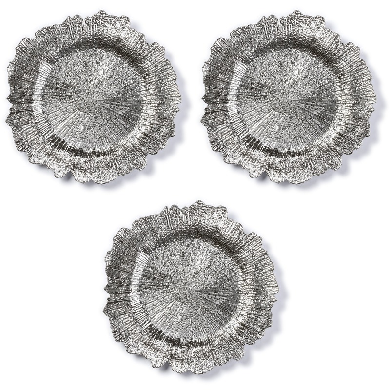 3x Ronde zilveren asymmetrische onderzet borden-kaarsonderzetters 33 cm