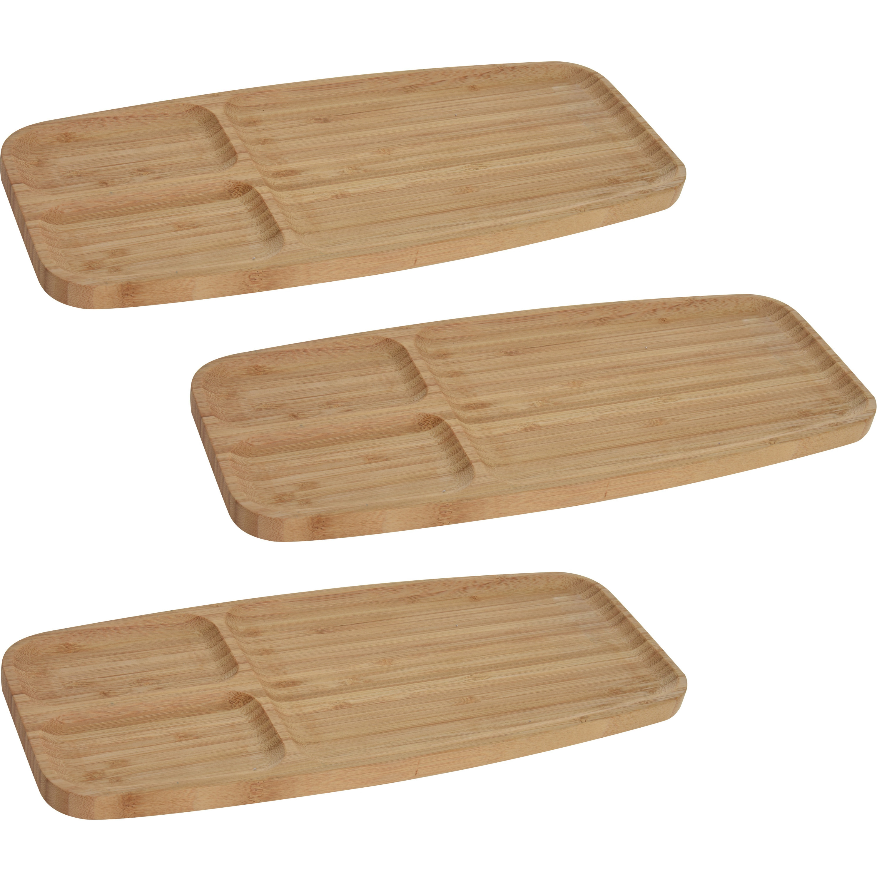 3x Serveerplanken-borden 3-vaks van bamboe hout 39 cm