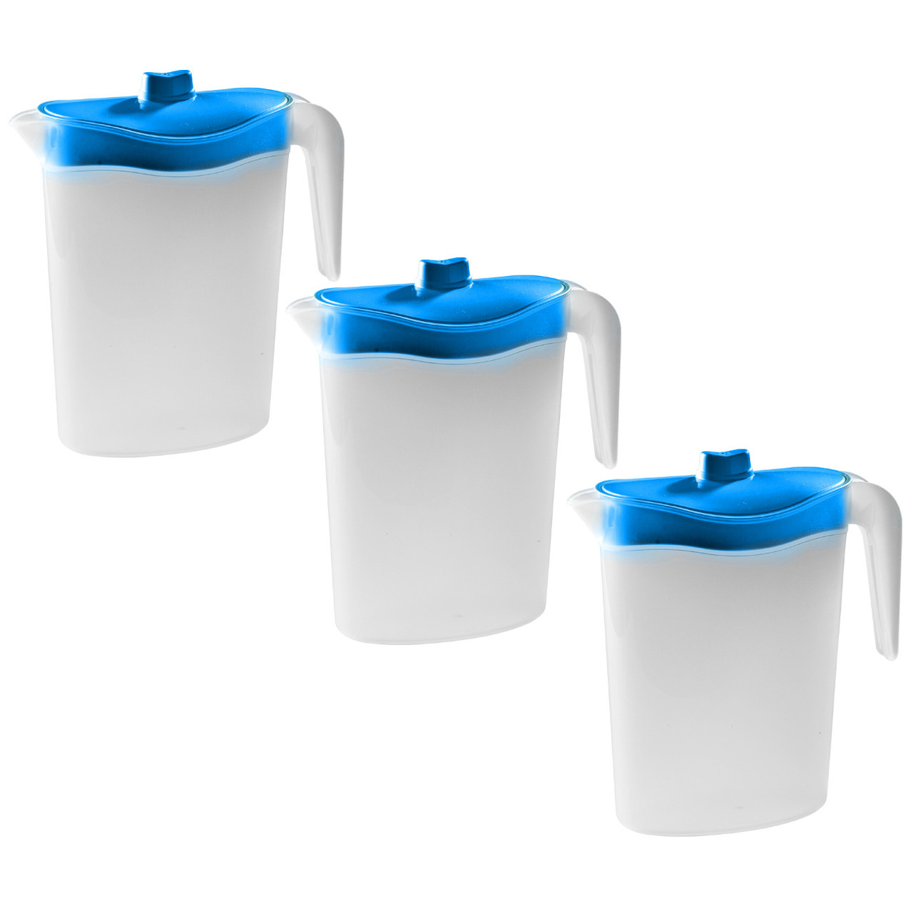 3x Smalle kunststof koelkast schenkkannen 1,5 liter met blauwe deksel