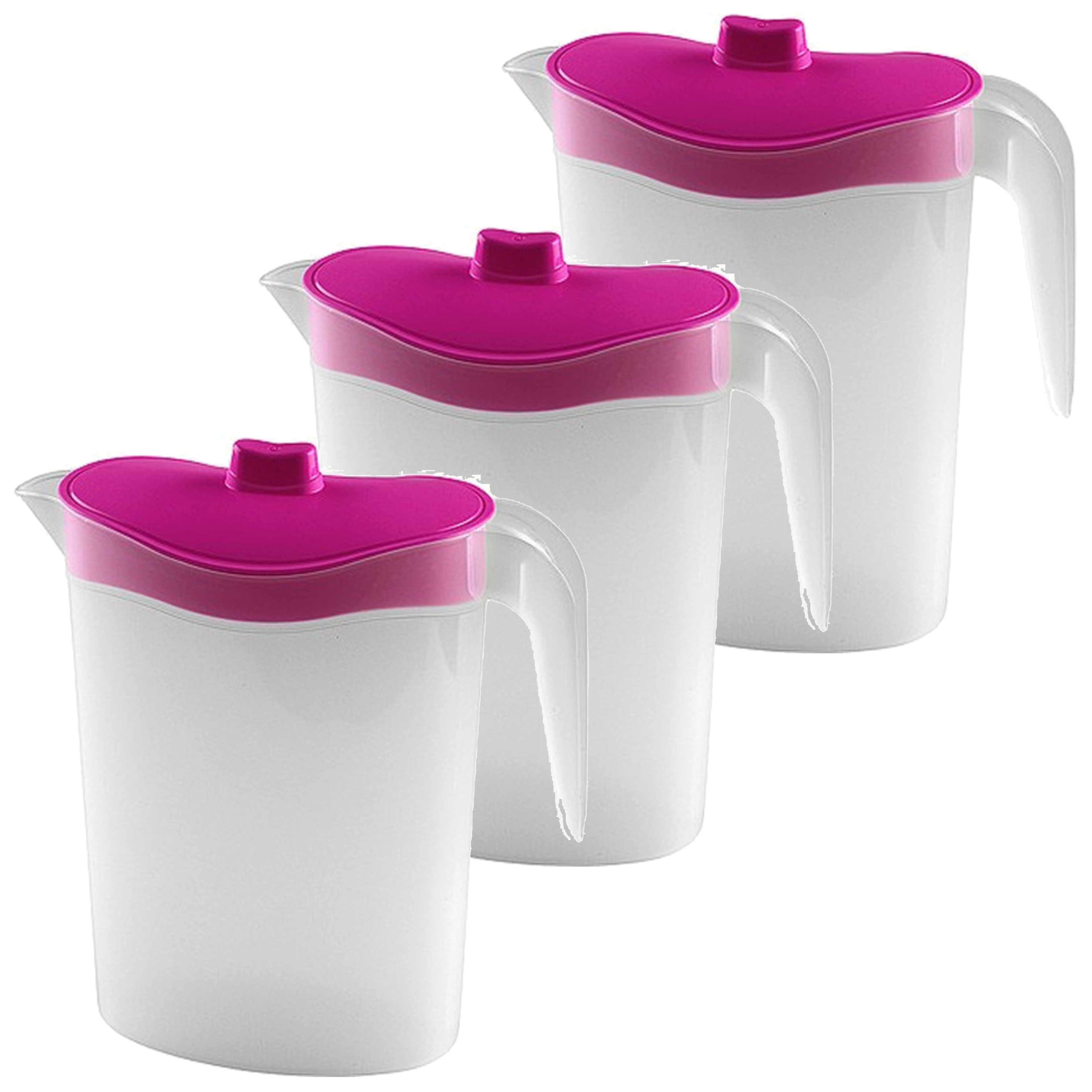 3x Smalle kunststof koelkast schenkkannen 1,5 liter met roze deksel