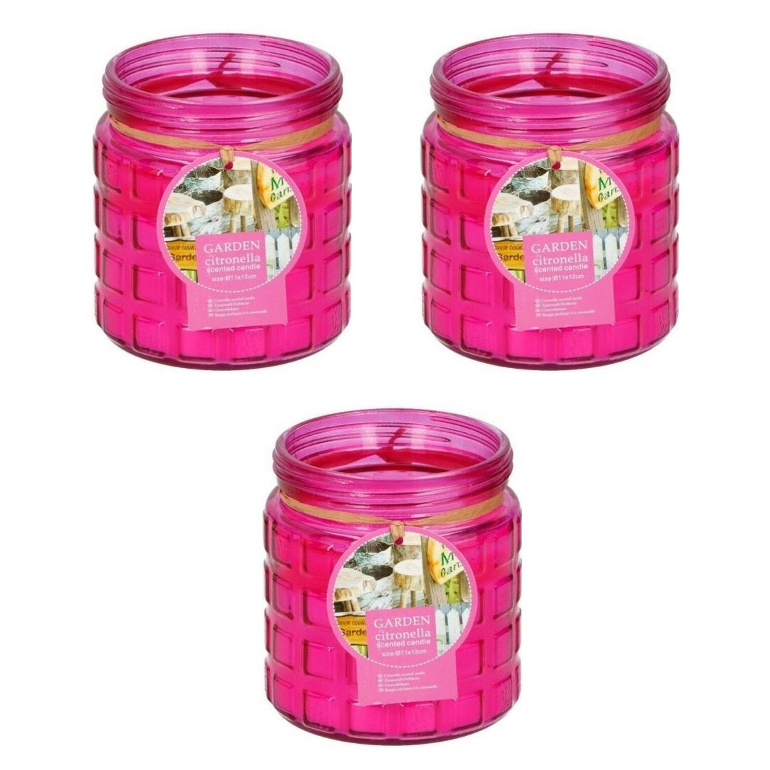 3x stuks citronella kaarsen in glazen pot 12 cm fuchsia roze