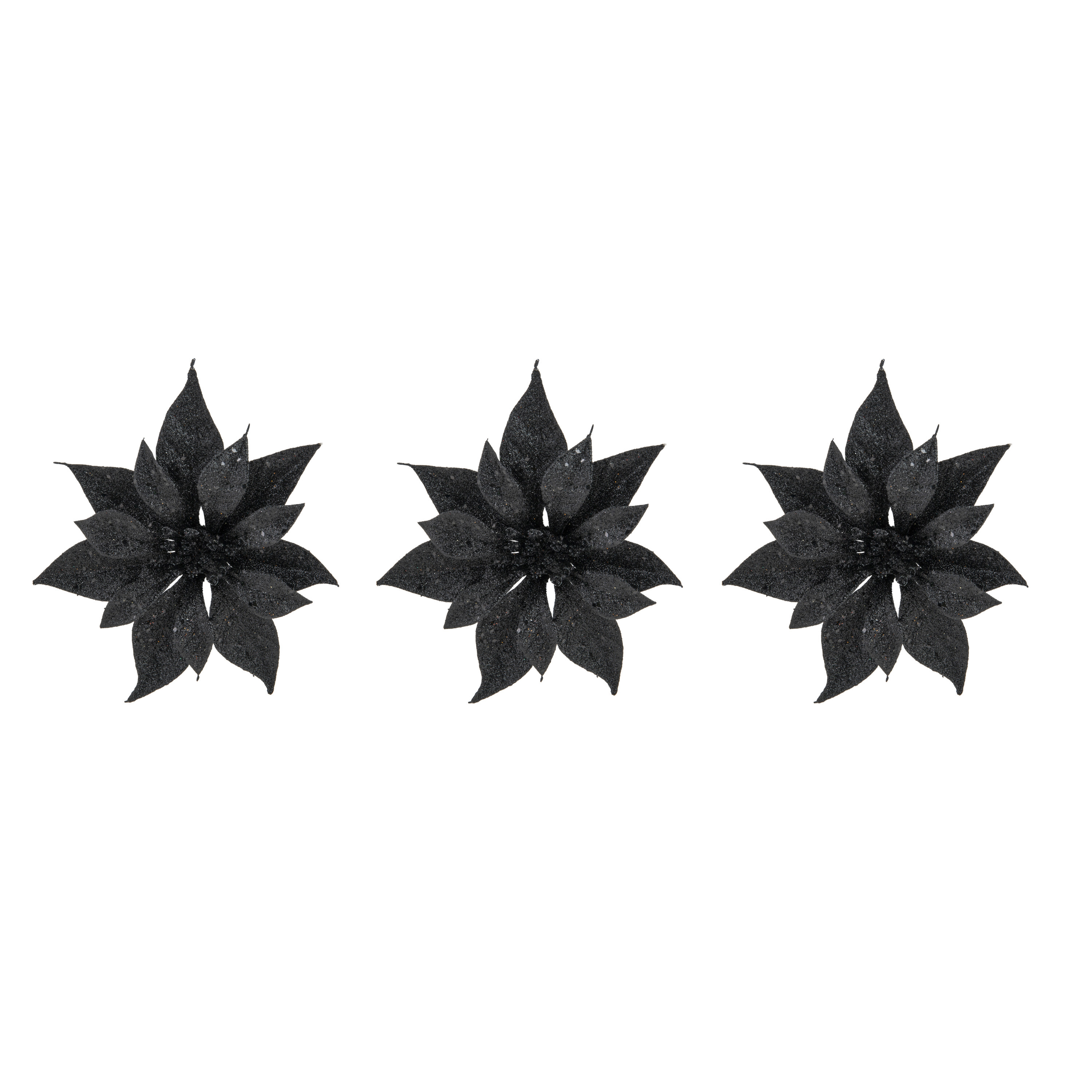 3x stuks decoratie bloemen kerstster zwart glitter op clip 18 cm