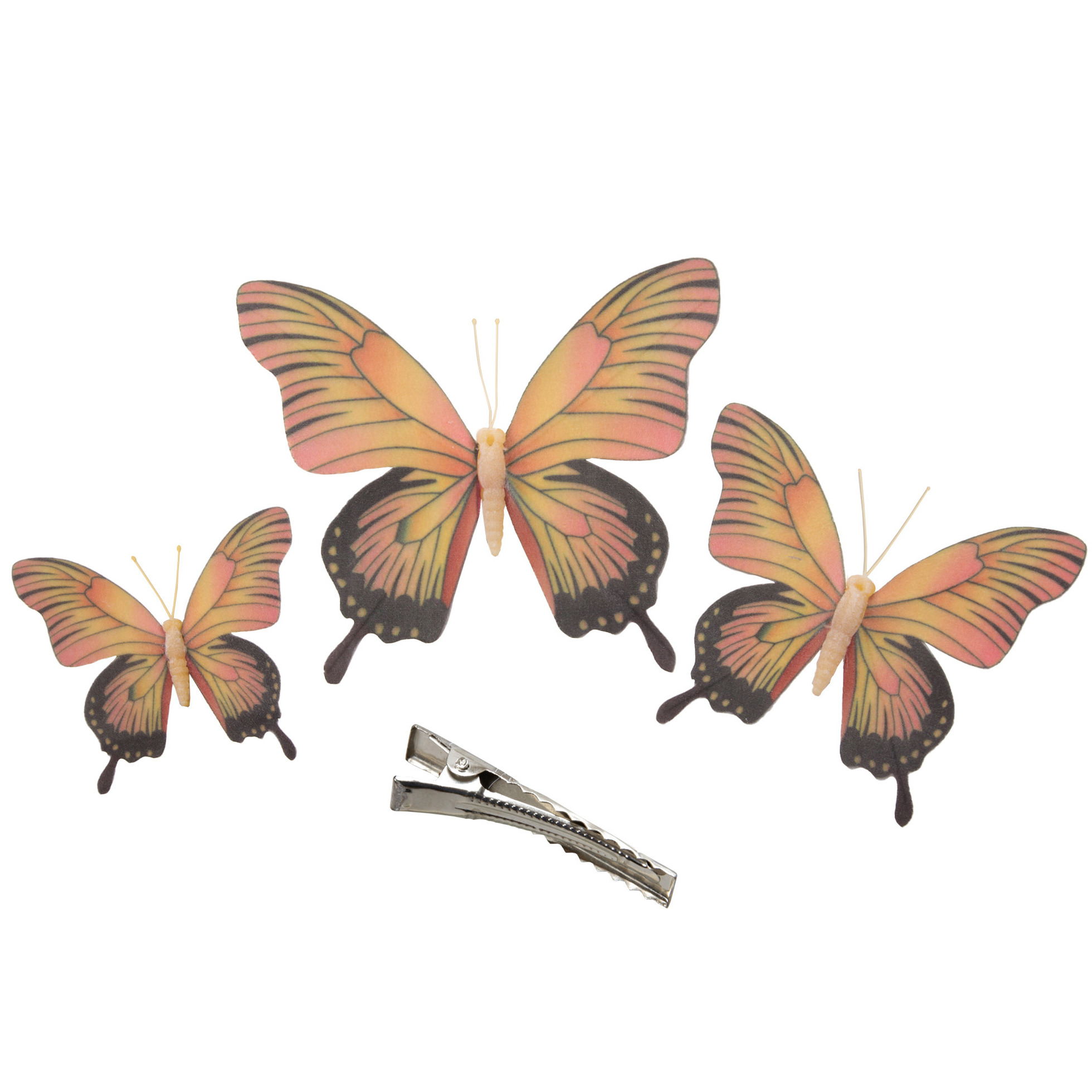 3x stuks decoratie vlinders op clip geel-roze 3 formaten 12-16-20 cm