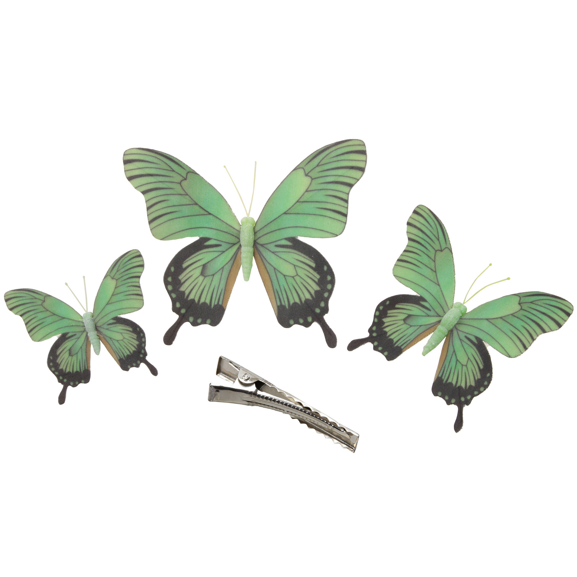 3x stuks decoratie vlinders op clip groen 3 formaten 12-16-20 cm