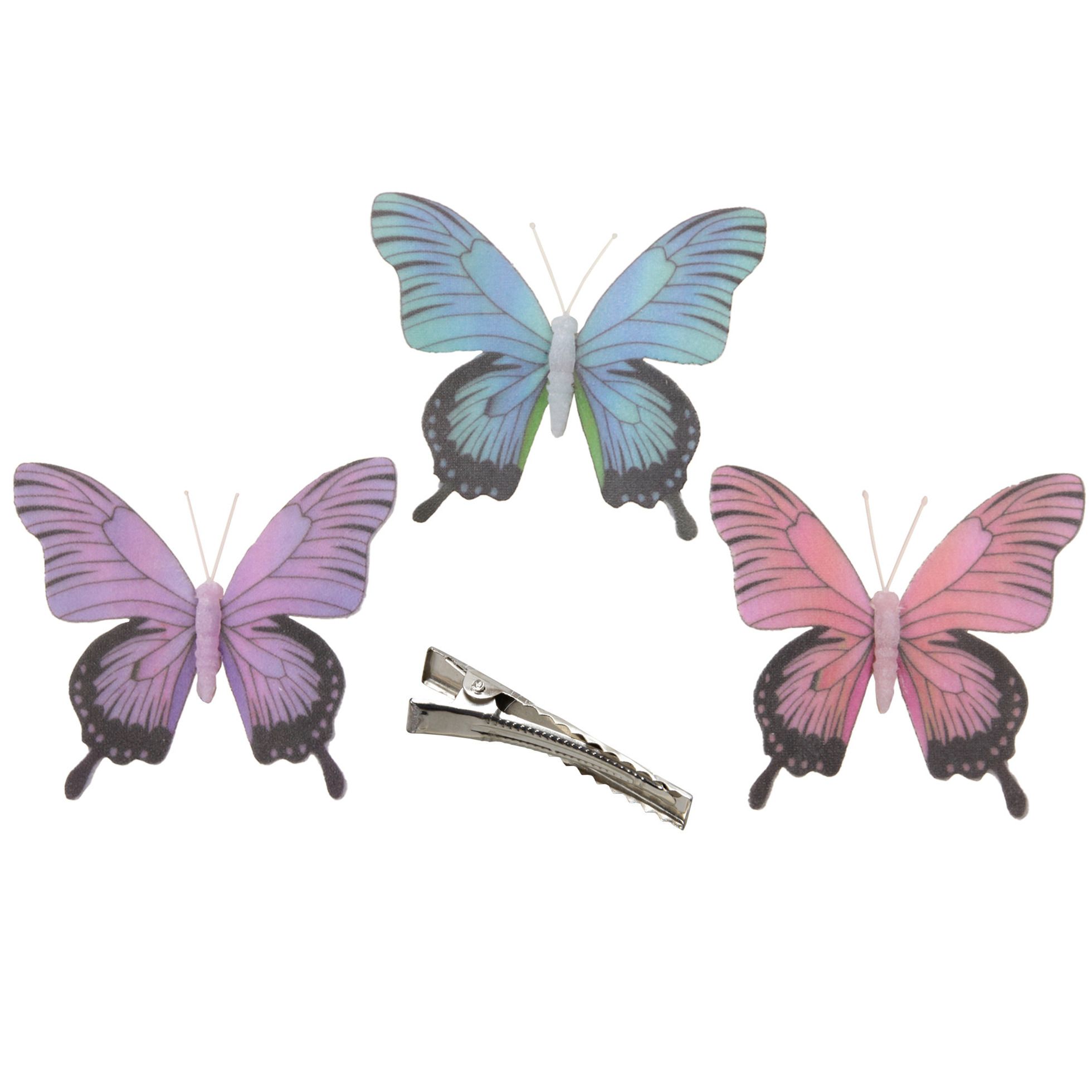 3x stuks decoratie vlinders op clip paars-blauw-roze 12 cm