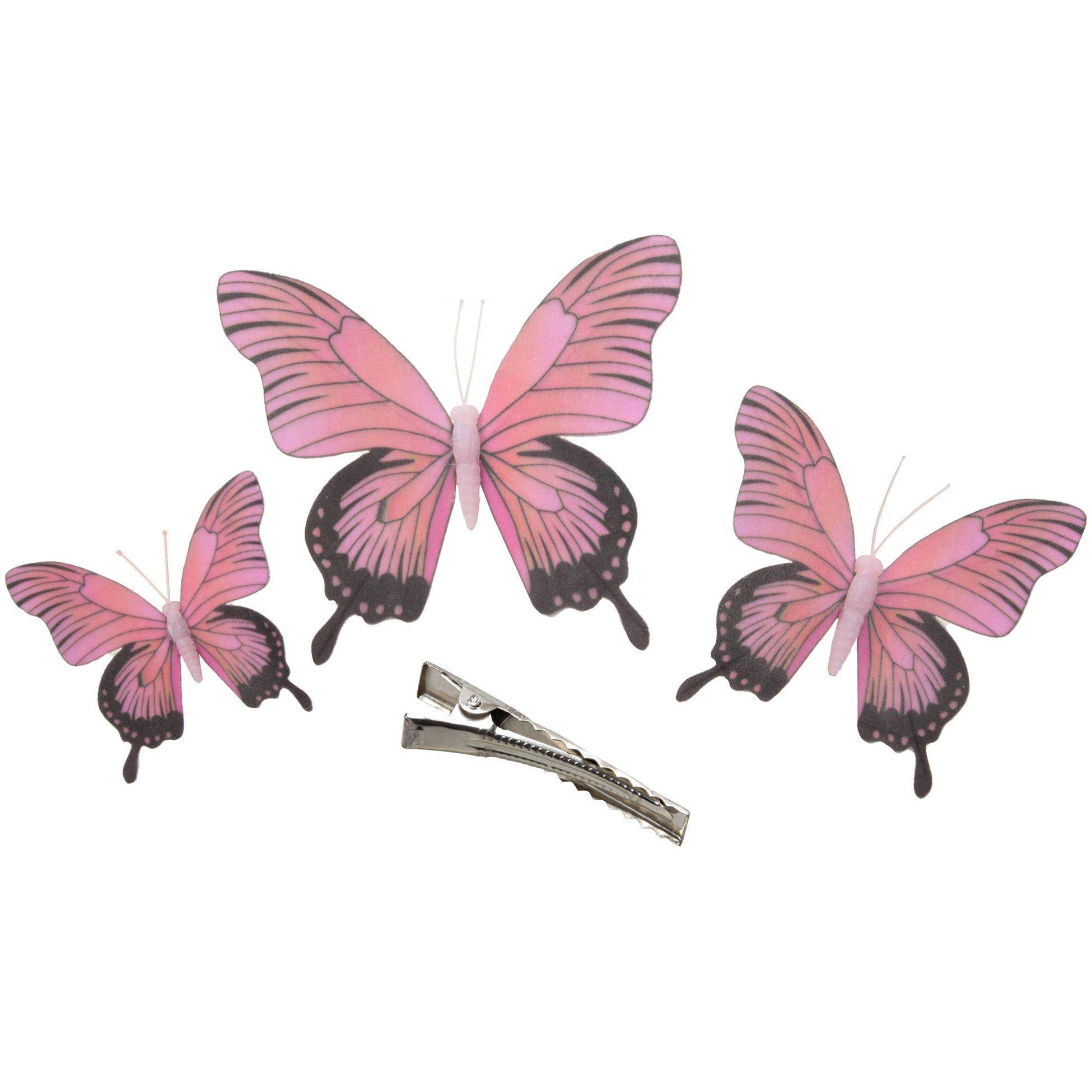 3x stuks decoratie vlinders op clip roze 3 formaten 12-16-20 cm