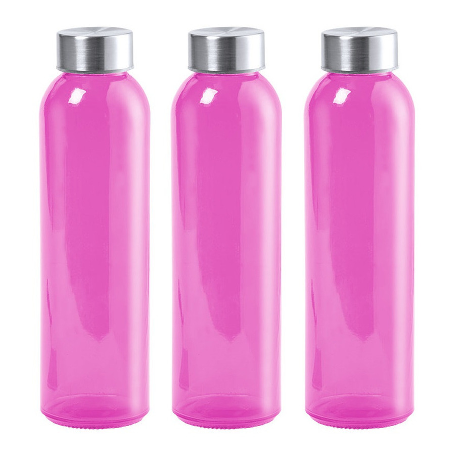 3x Stuks glazen waterfles-drinkfles fuchsia roze transparant met Rvs dop 550 ml