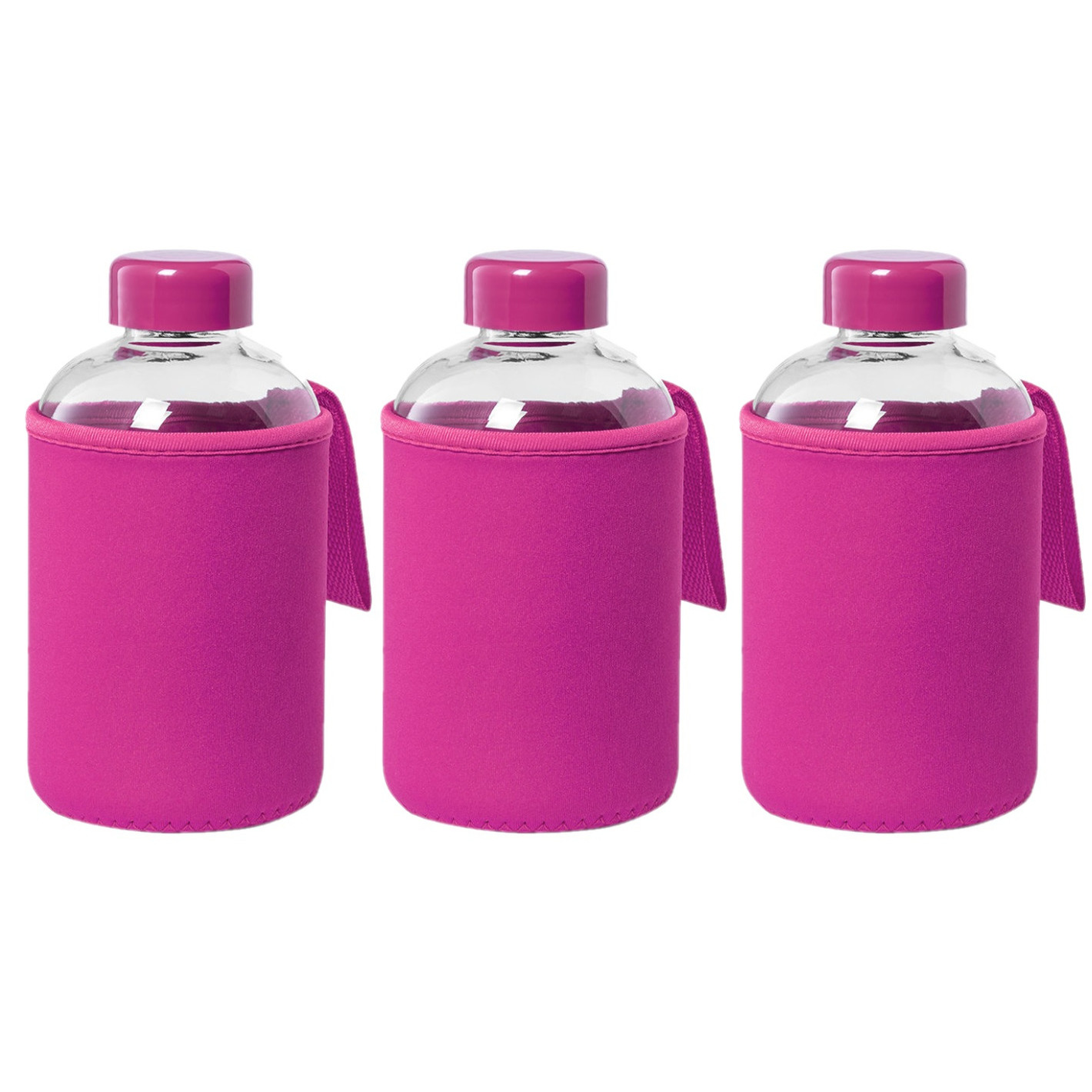 3x stuks glazen waterfles-drinkfles met fuchsia roze softshell bescherm hoes 600 ml