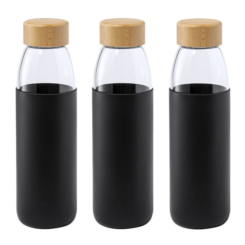 3x Stuks glazen waterfles-drinkfles met zwarte siliconen bescherm hoes 540 ml