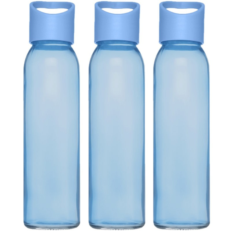 3x stuks glazen waterfles-drinkfles transparant blauw met schroefdop met handvat 500 ml
