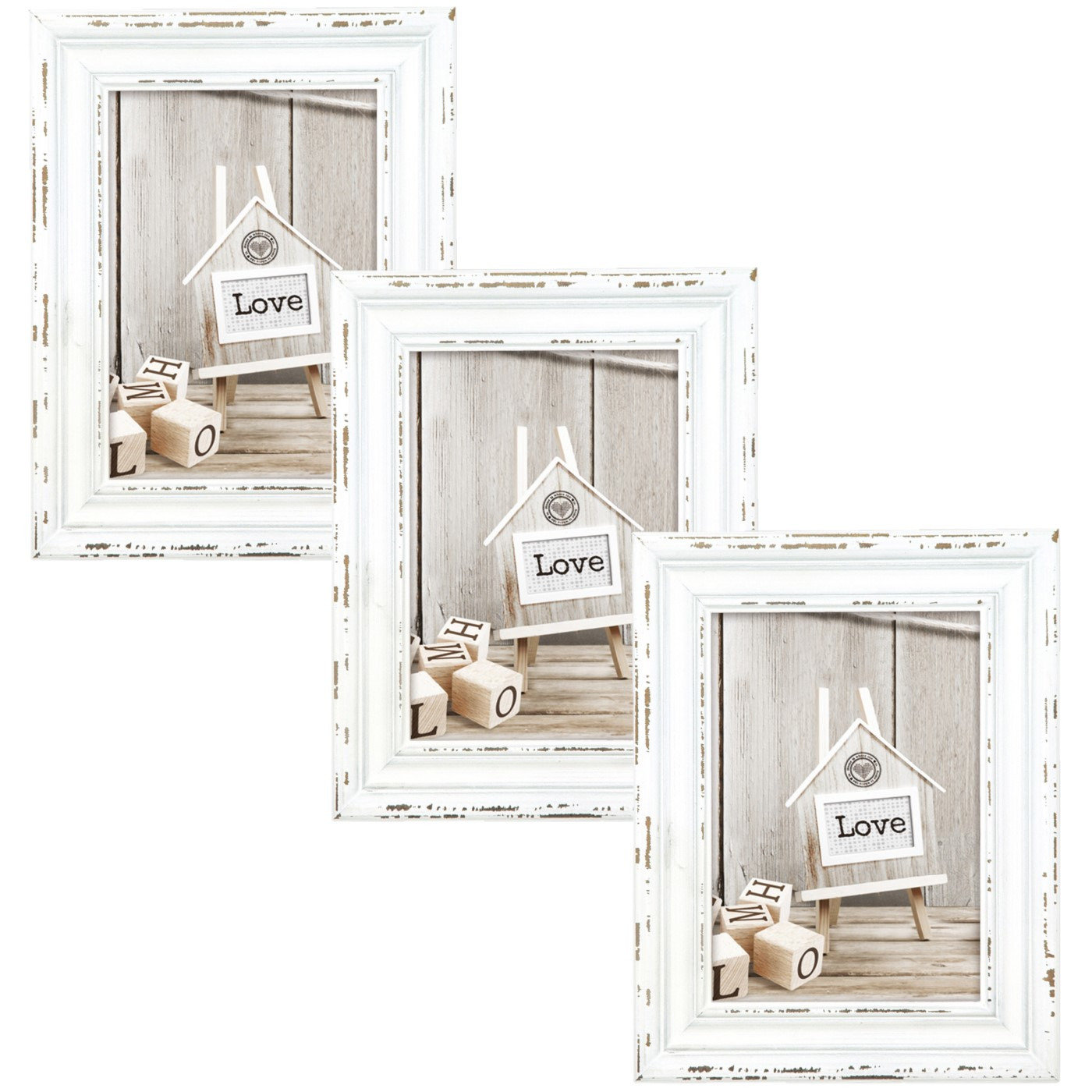 3x stuks houten fotolijst vintage wit met metalen ophangketting geschikt voor een foto van 10x15 cm