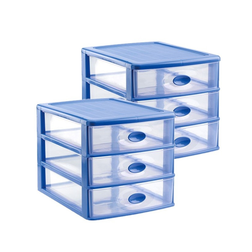3x stuks ladeblok-bureau organizer met 3x lades blauw-transparant L35,5 x B27 x H27 cm