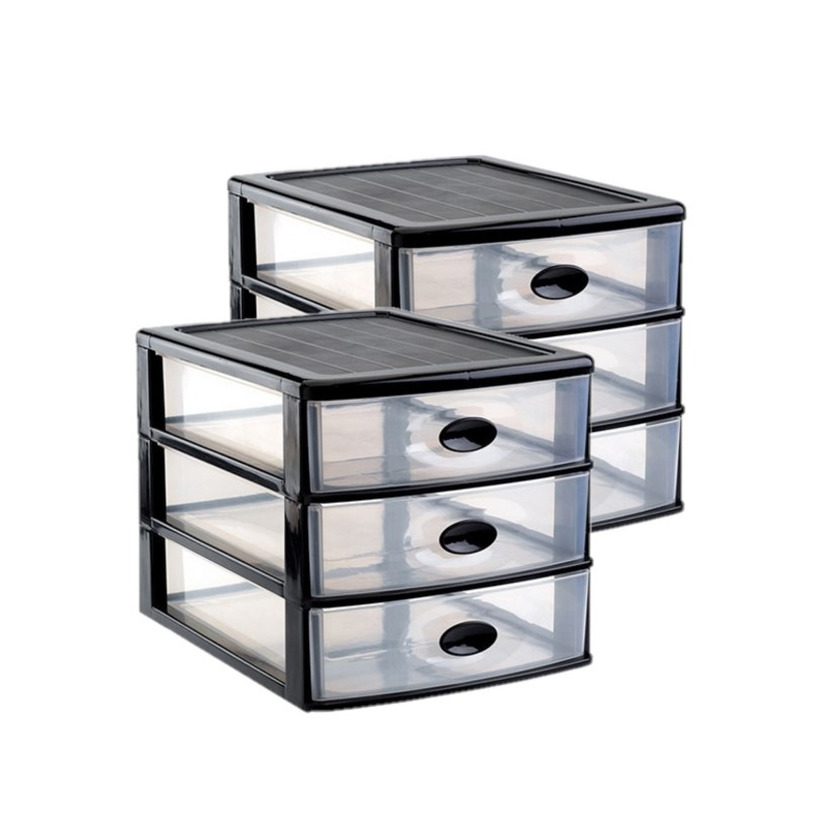 3x stuks ladeblok-bureau organizer met 3x lades zwart-transparant L35,5 x B27 x H27 cm