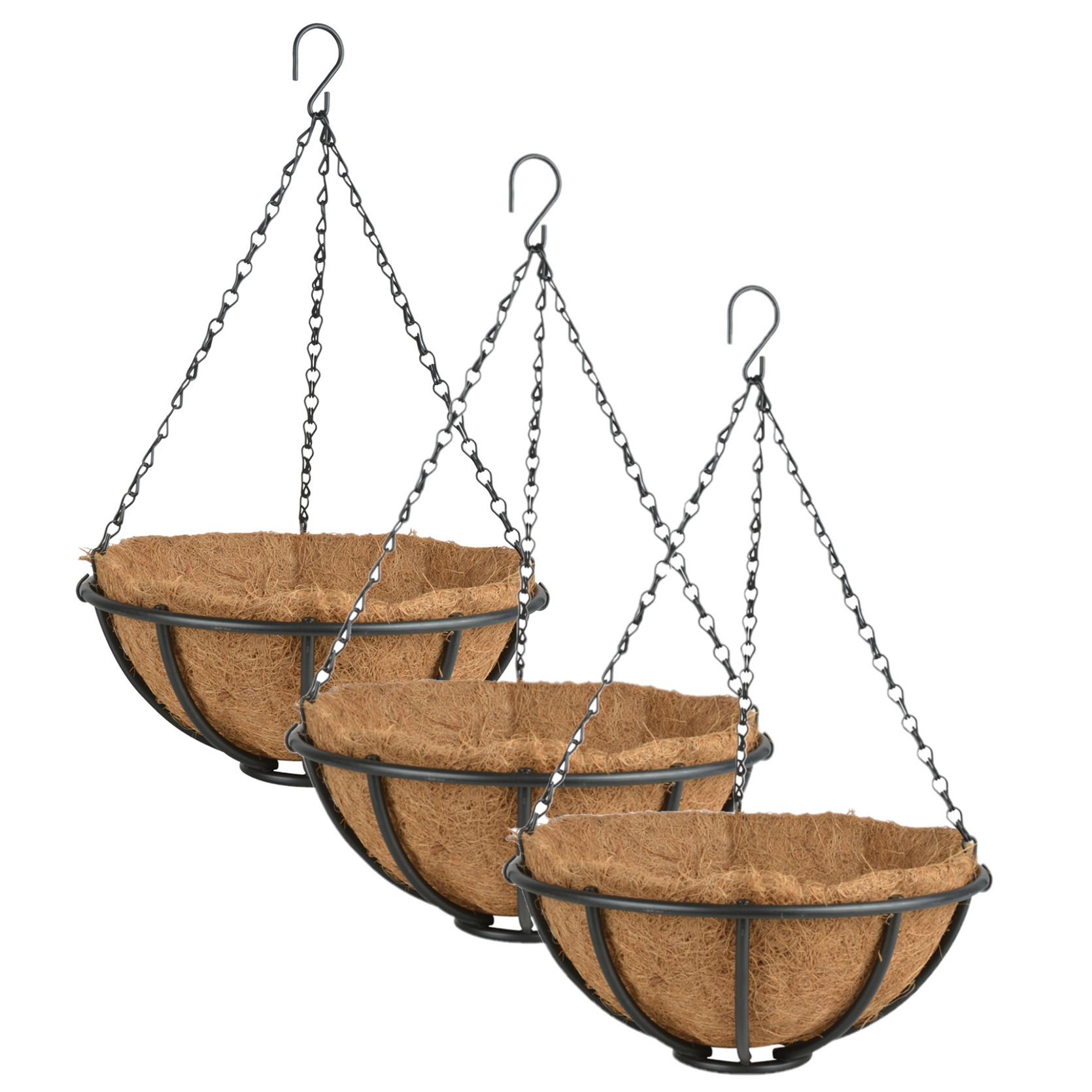 3x stuks metalen hanging baskets-plantenbakken met ketting 30 cm inclusief kokosinlegvel
