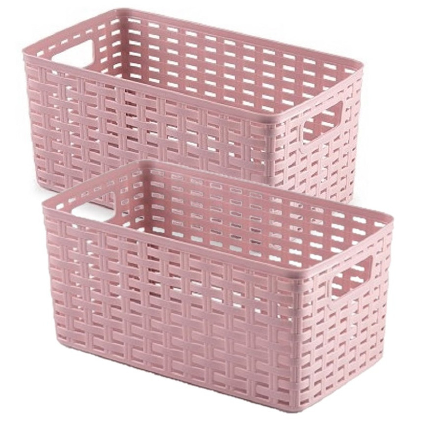3x stuks rotan gevlochten opbergmand-opbergbox kunststof Oud roze 15 x 28 x 13 cm
