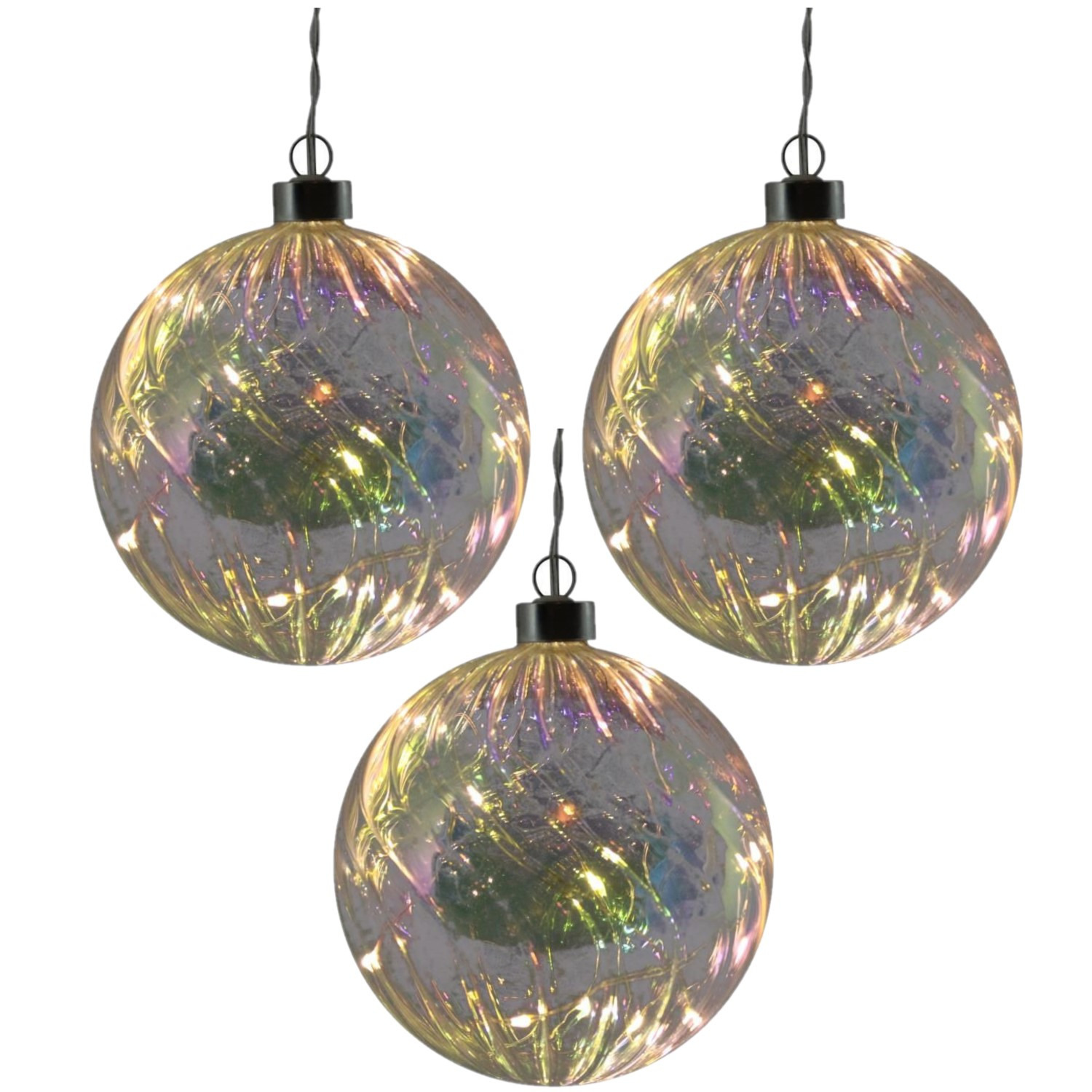 3x stuks verlichte glazen kerstballen met 10 lampjes transparant parelmoer 12 cm