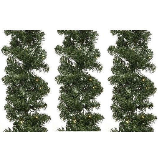 3x Verlichte Kerst guirlande-slinger groen met verlichting 270 cm dennenslinger versiering-decoratie