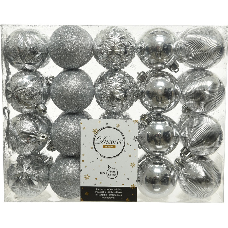 40x Kunststof kerstballen mix zilver 6 cm kerstboom versiering-decoratie