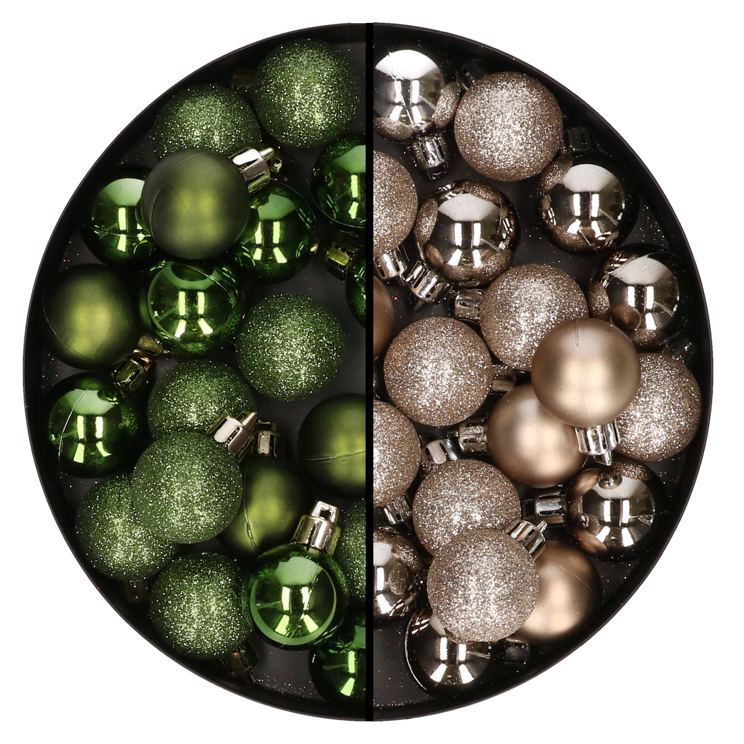40x stuks kleine kunststof kerstballen groen en champagne 3 cm