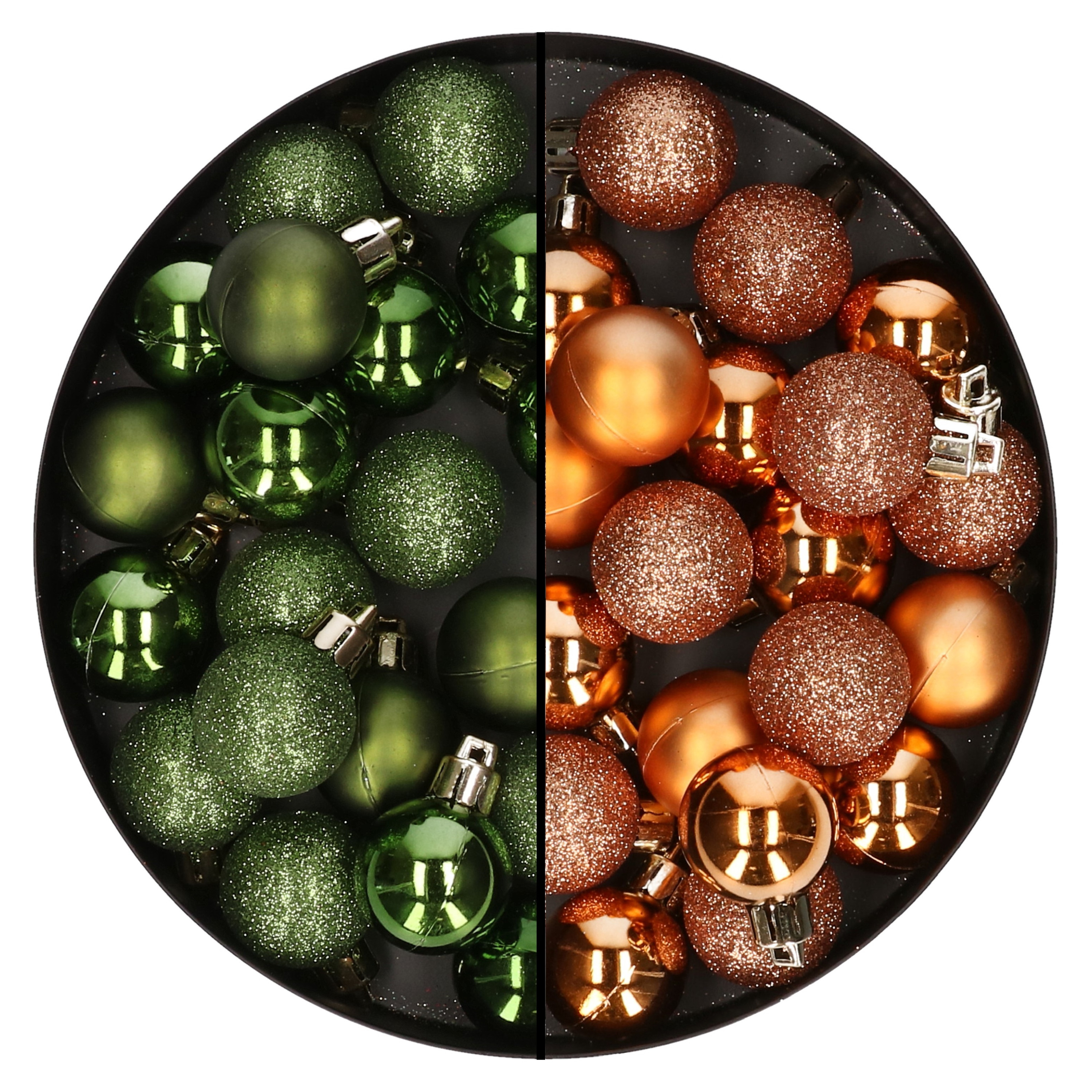 40x stuks kleine kunststof kerstballen groen en koper 3 cm