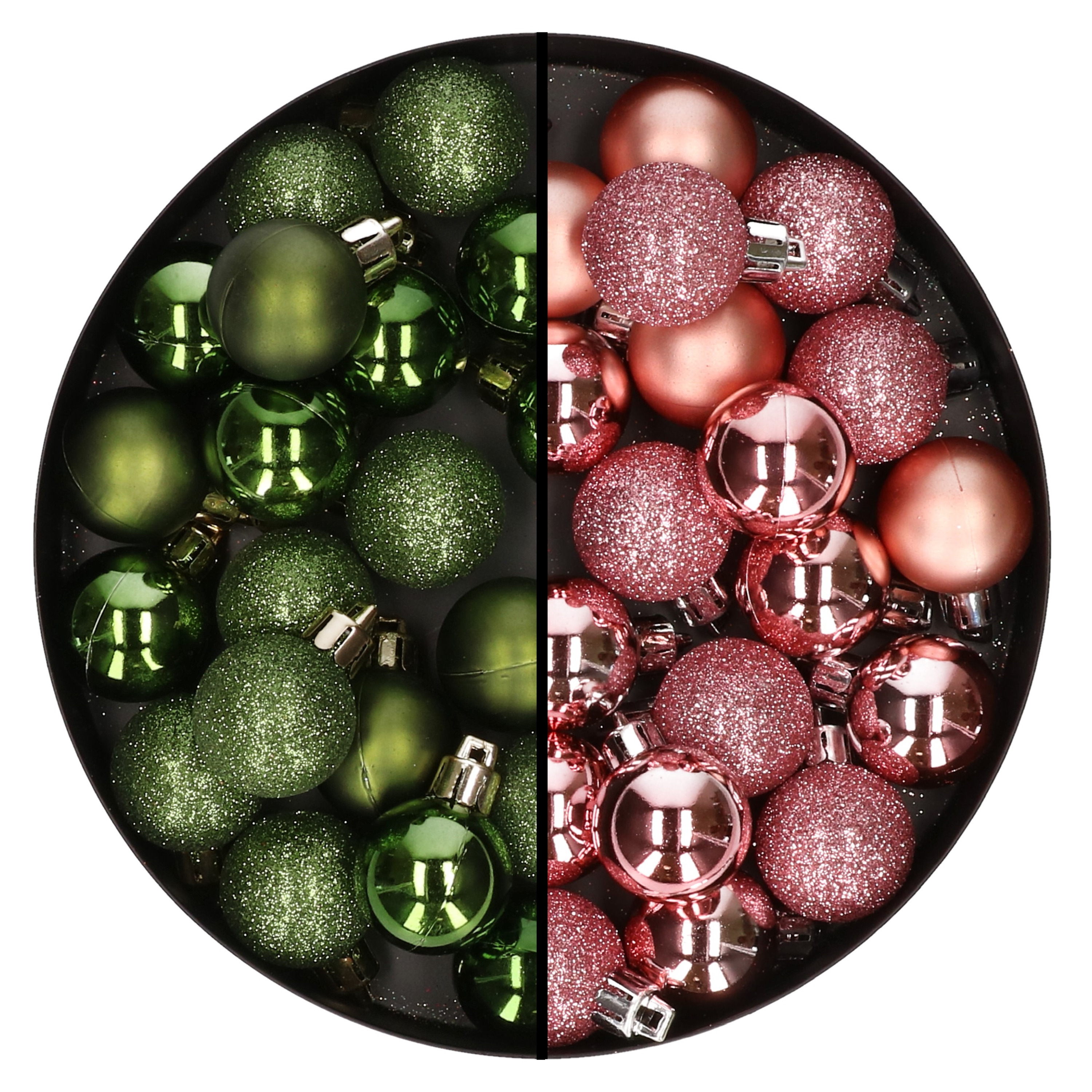 40x stuks kleine kunststof kerstballen groen en roze 3 cm