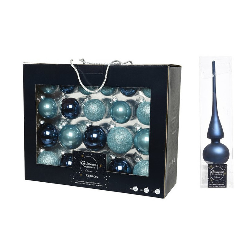 42x stuks glazen kerstballen ijsblauw (blue dawn)-donkerblauw 5-6-7 cm inclusief donkerblauwe piek