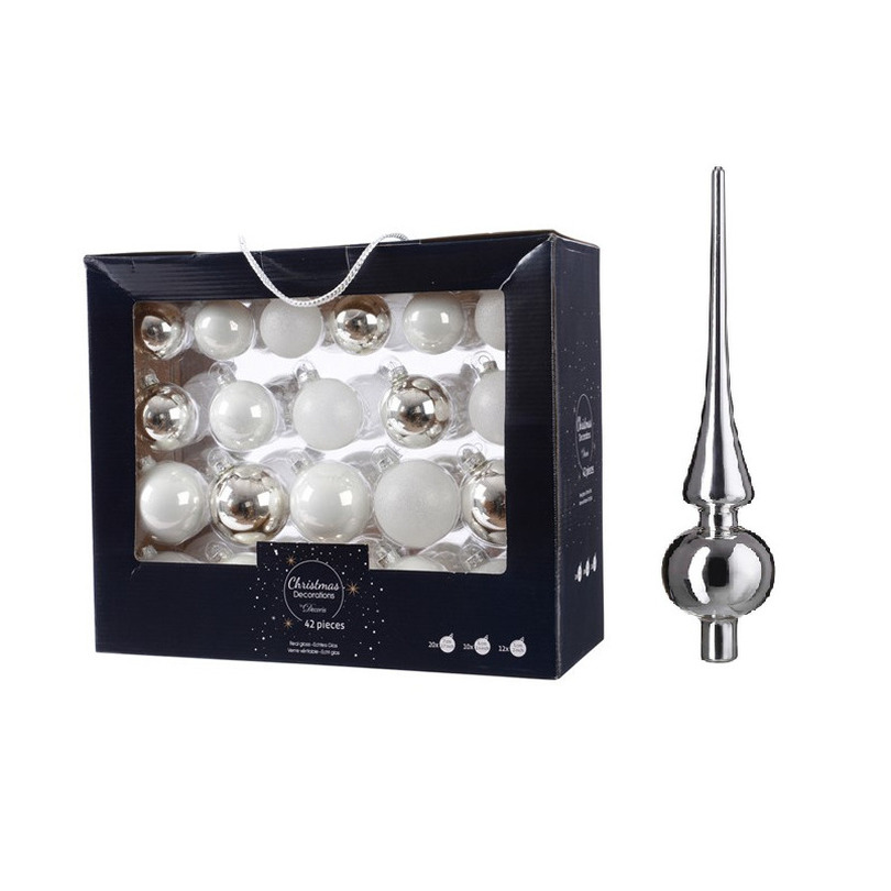 42x stuks glazen kerstballen wit-zilver 5-6-7 cm inclusief zilveren piek