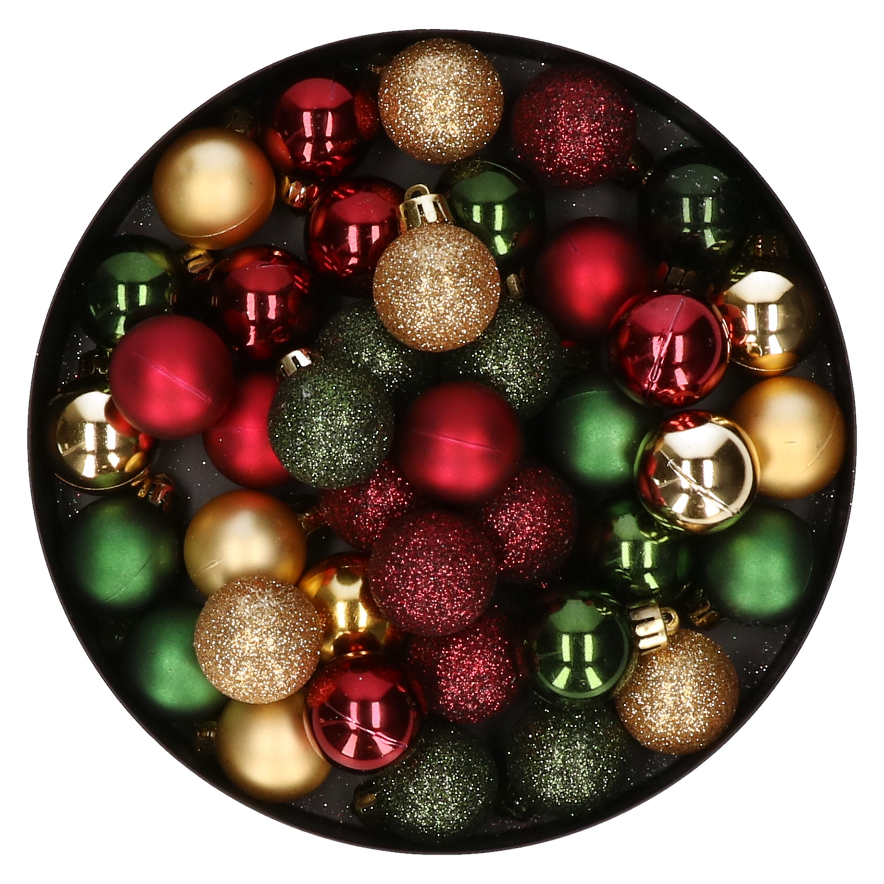 42x stuks kunststof kerstballen donkergroen, donkerrood en goud mix 3 cm