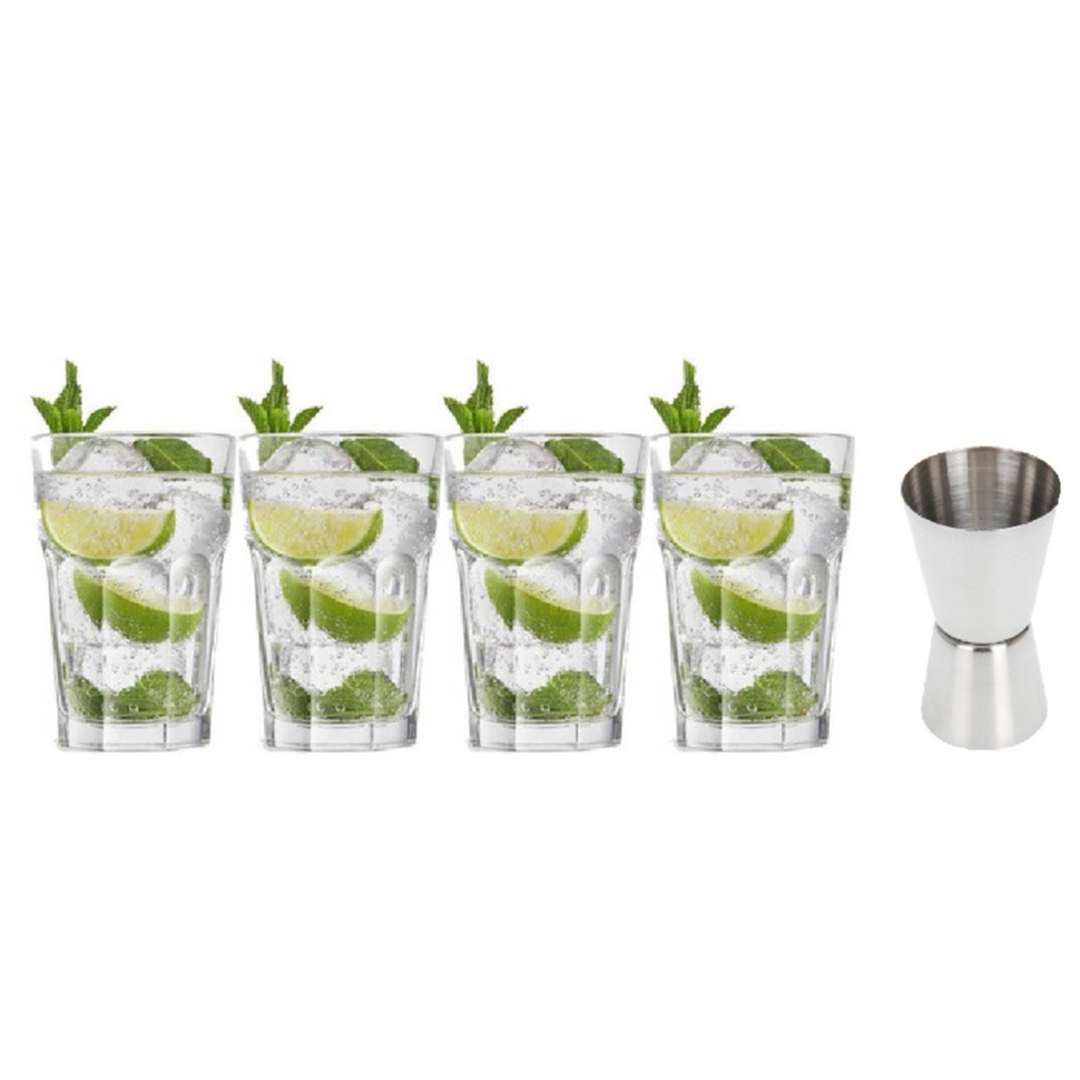4x Cocktailglazen-Mojito glazen transparant 410 ml met RVS maatbeker-barmaatje