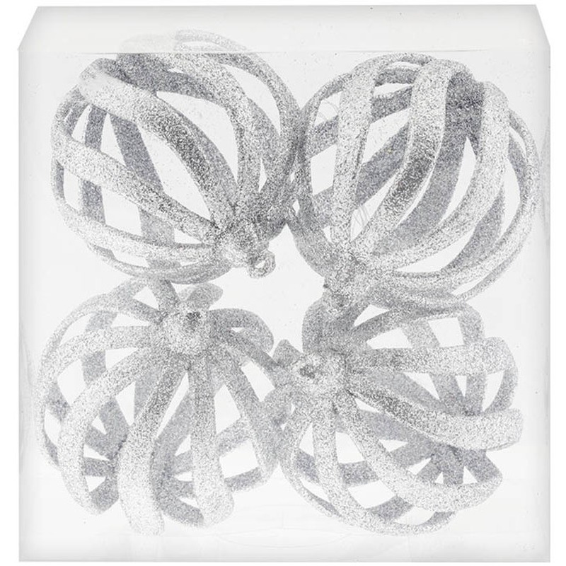 4x Draad kerstballen zilver met glitter 8 cm van kunststof-plastic