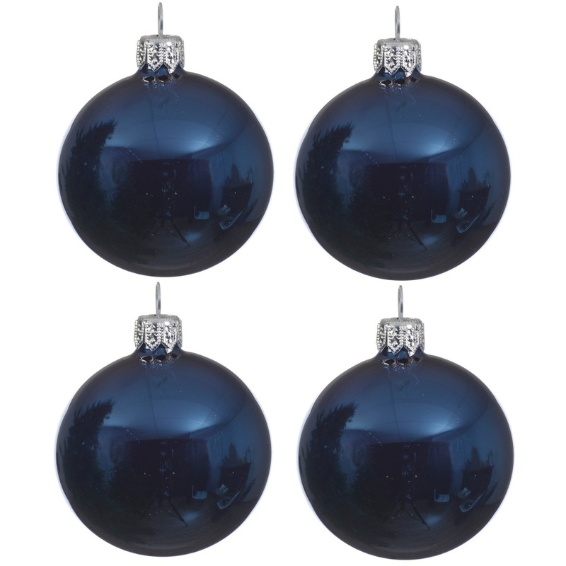 4x Glazen kerstballen glans donkerblauw 10 cm kerstboom versiering-decoratie
