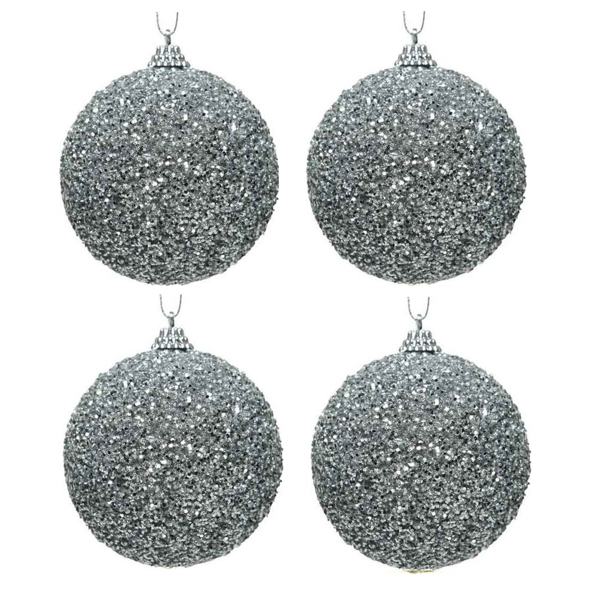 4x Kerstballen zilveren glitters 8 cm met kralen kunststof kerstboom versiering-decoratie