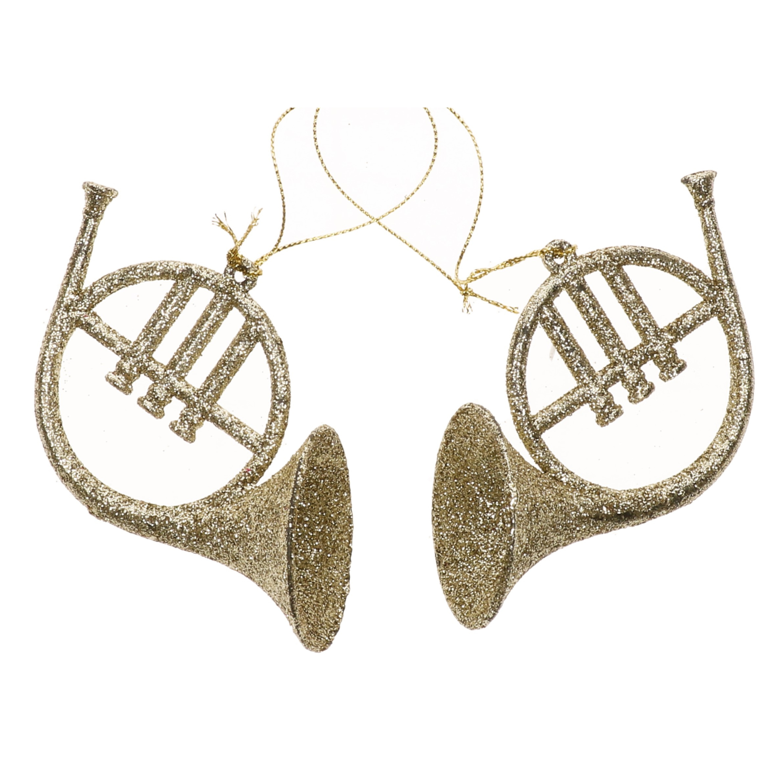 4x Kerstornamenten gouden glitter muziekinstrumenten 7 cm hoorns