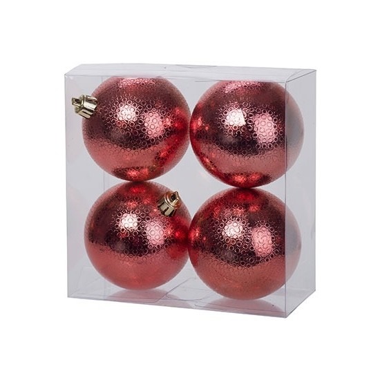 4x Kunststof kerstballen cirkel motief rood 8 cm kerstboom versiering-decoratie