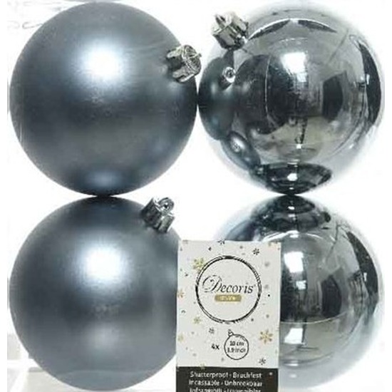 4x Kunststof kerstballen glanzend-mat grijsblauw 10 cm kerstboom versiering-decoratie