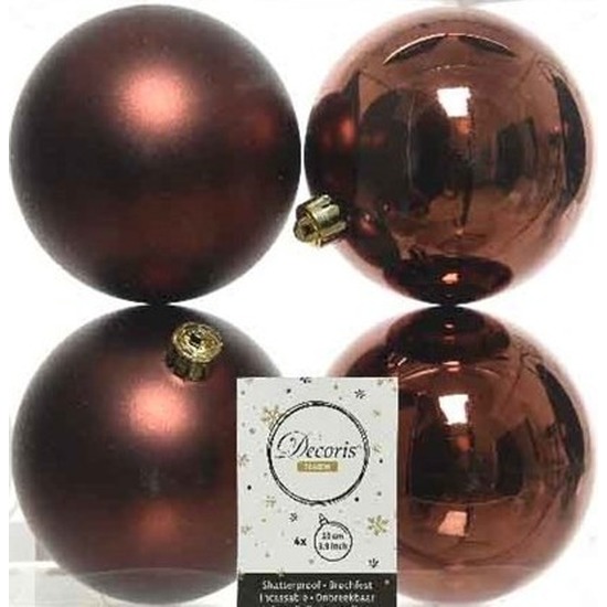 4x Kunststof kerstballen glanzend-mat mahonie bruin 10 cm kerstboom versiering-decoratie