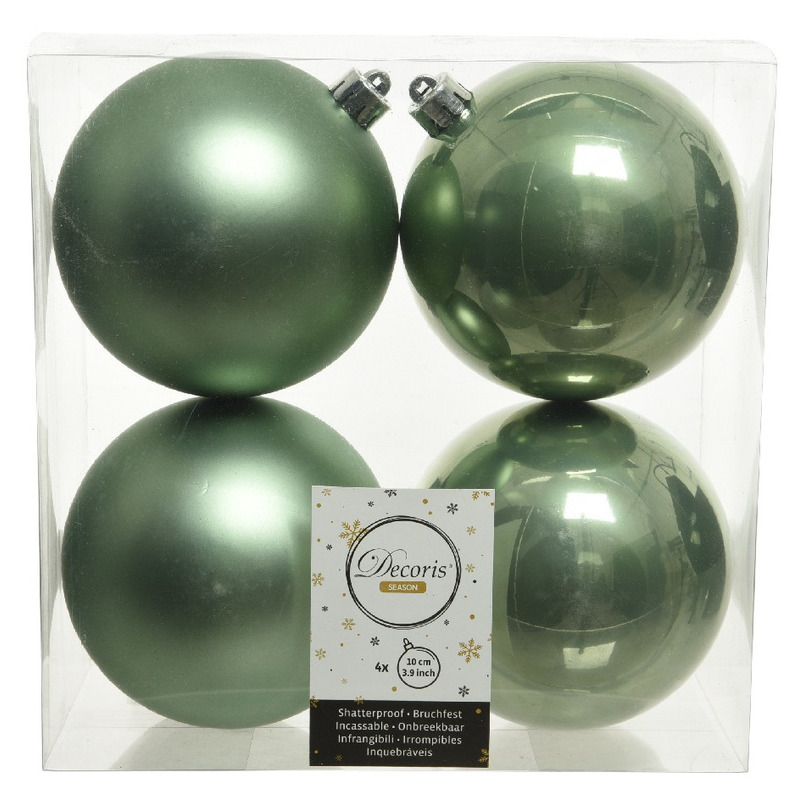 4x Kunststof kerstballen glanzend-mat salie groen 10 cm kerstboom versiering-decoratie