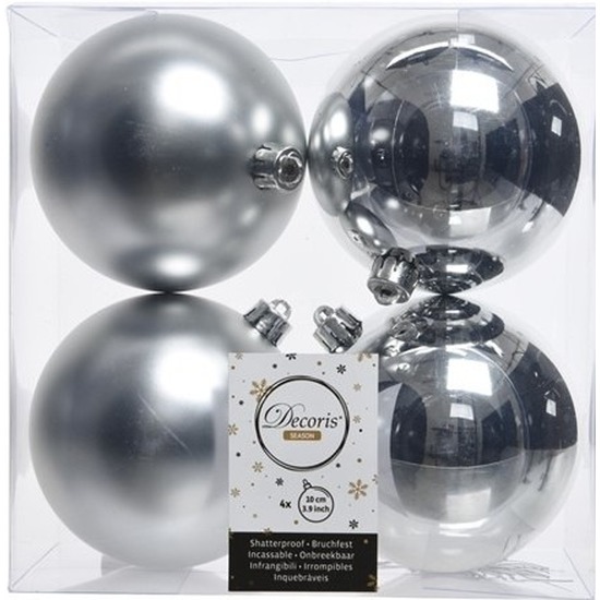 4x Kunststof kerstballen glanzend-mat zilver 10 cm kerstboom versiering-decoratie