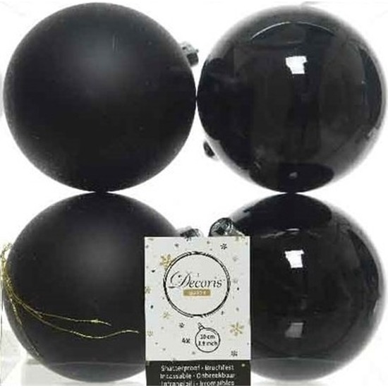 4x Kunststof kerstballen glanzend-mat zwart 10 cm kerstboom versiering-decoratie