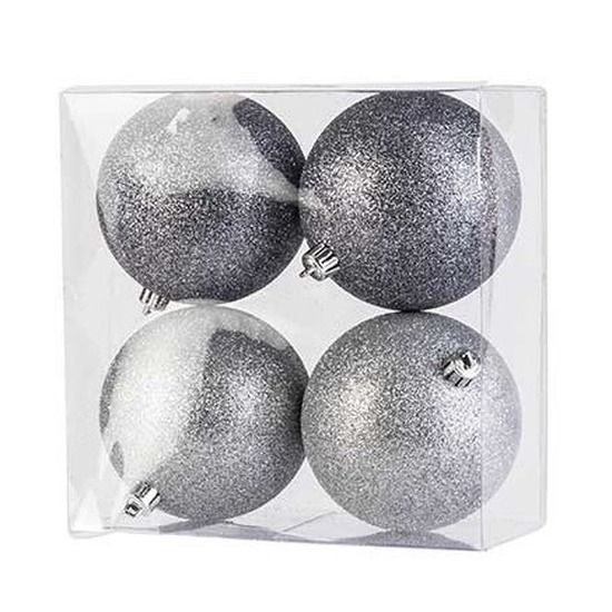 4x Kunststof kerstballen glitter zilver 10 cm kerstboom versiering-decoratie