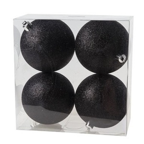 4x Kunststof kerstballen glitter zwart 10 cm kerstboom versiering-decoratie