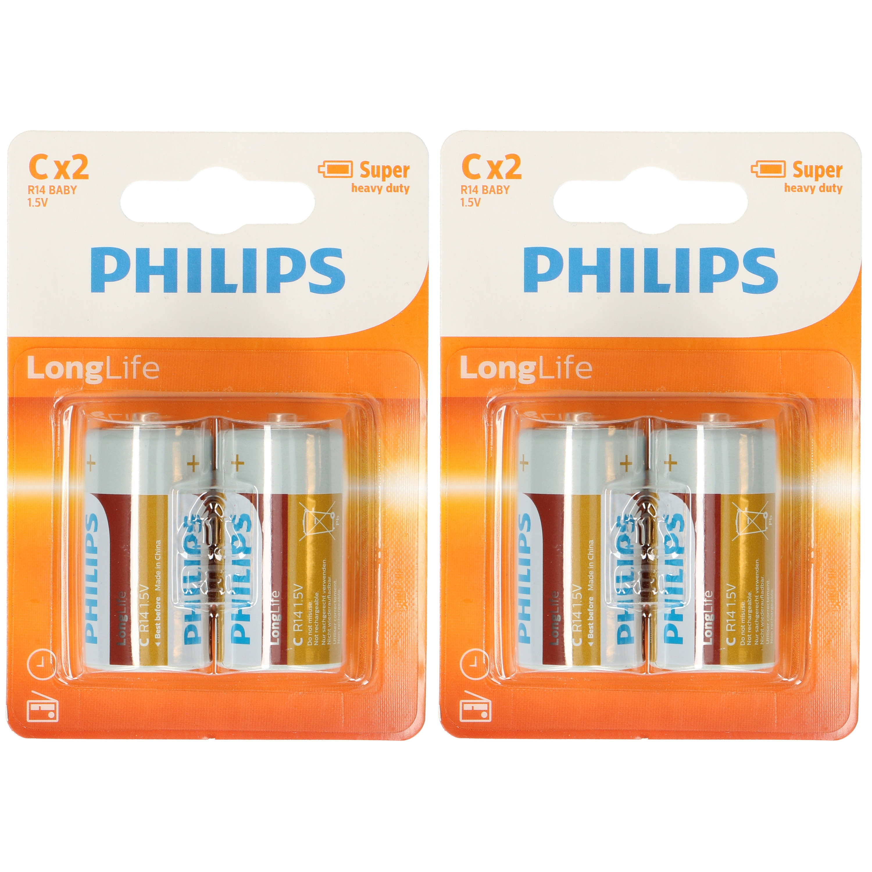 4x Philips Long Life LR14 C-batterijen 1,5 Volt