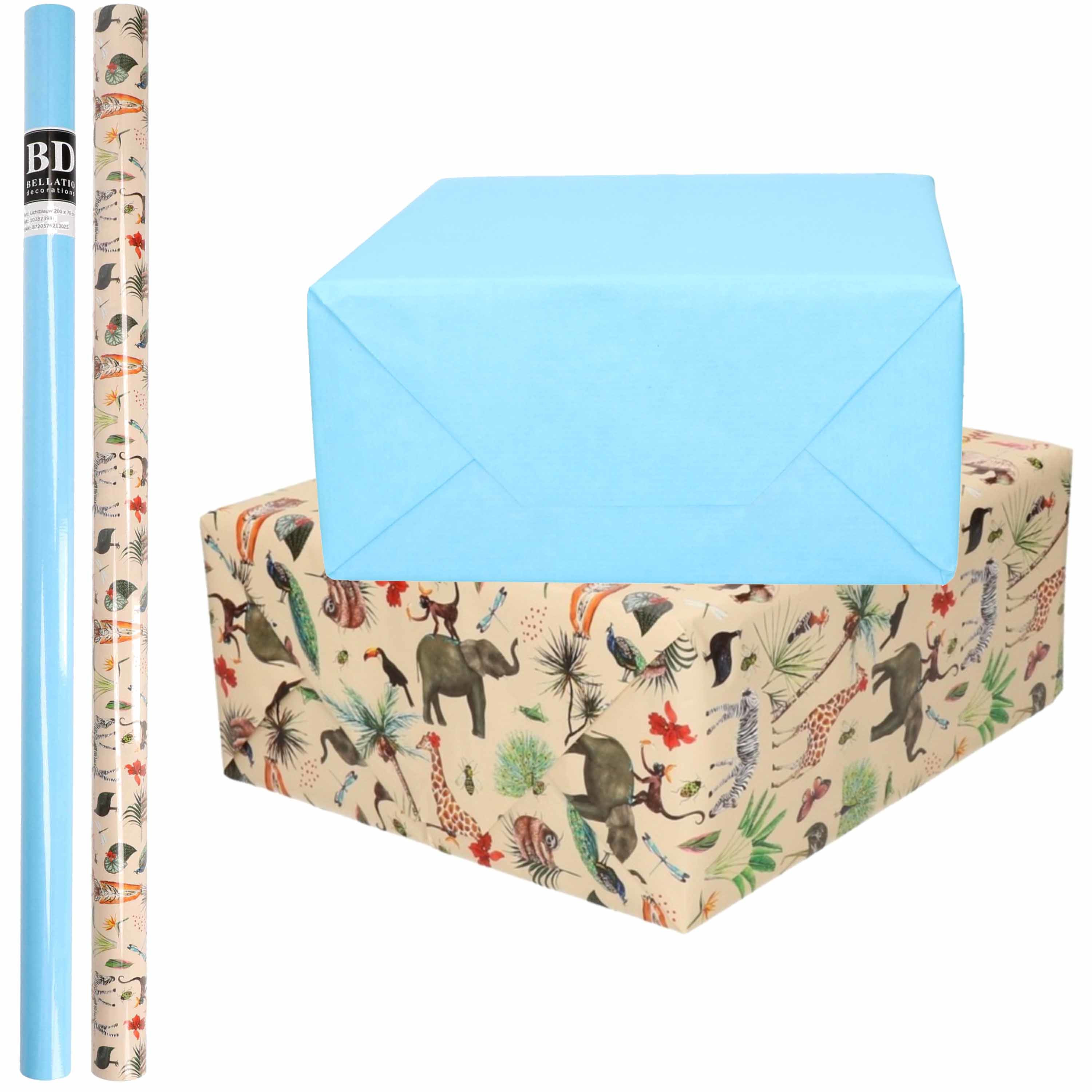 4x Rollen kraft inpakpapier jungle-oerwoud pakket dieren-blauw 200 x 70 cm