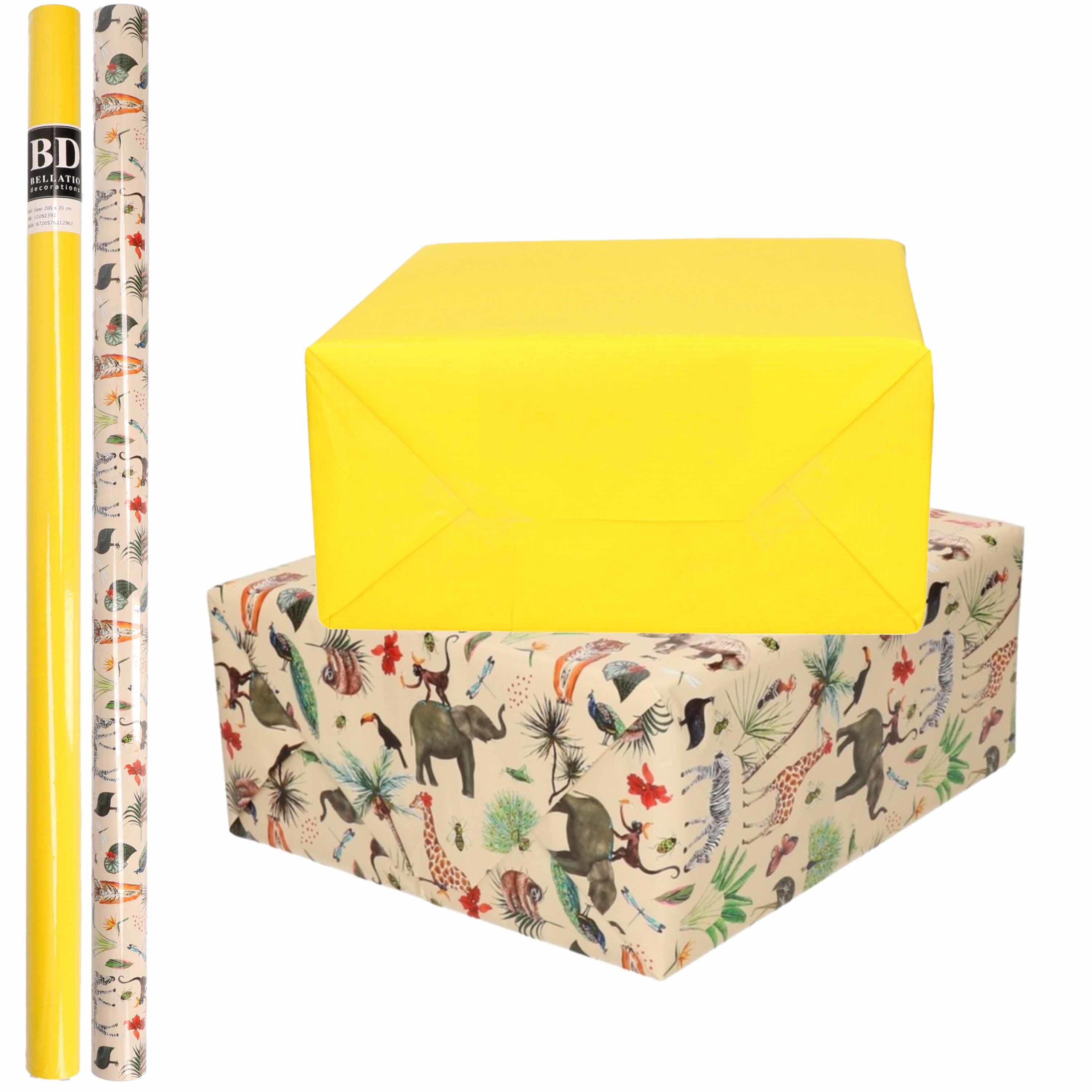 4x Rollen kraft inpakpapier jungle-oerwoud pakket dieren-geel 200 x 70 cm