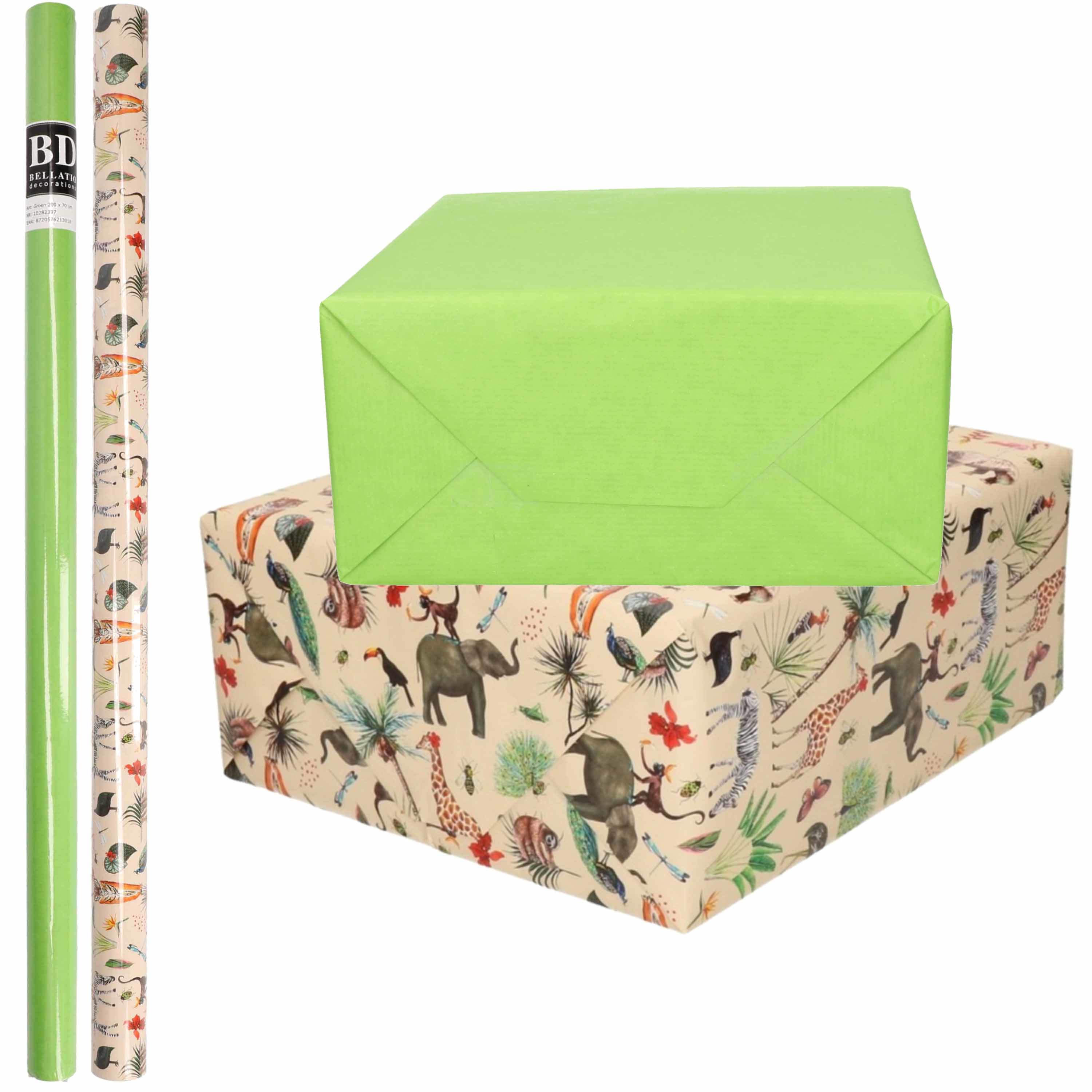 4x Rollen kraft inpakpapier jungle-oerwoud pakket dieren-groen 200 x 70 cm