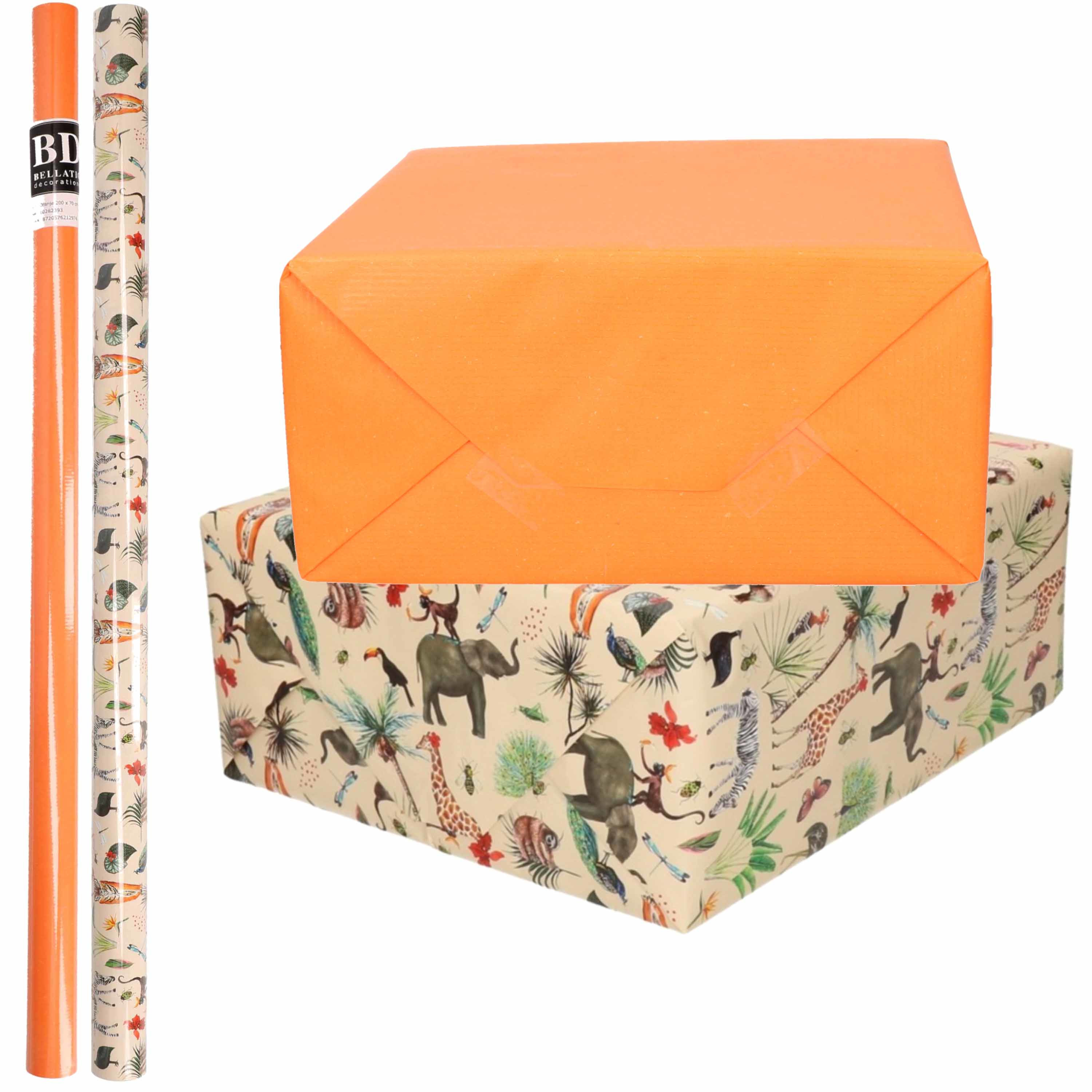 4x Rollen kraft inpakpapier jungle-oerwoud pakket dieren-oranje 200 x 70 cm