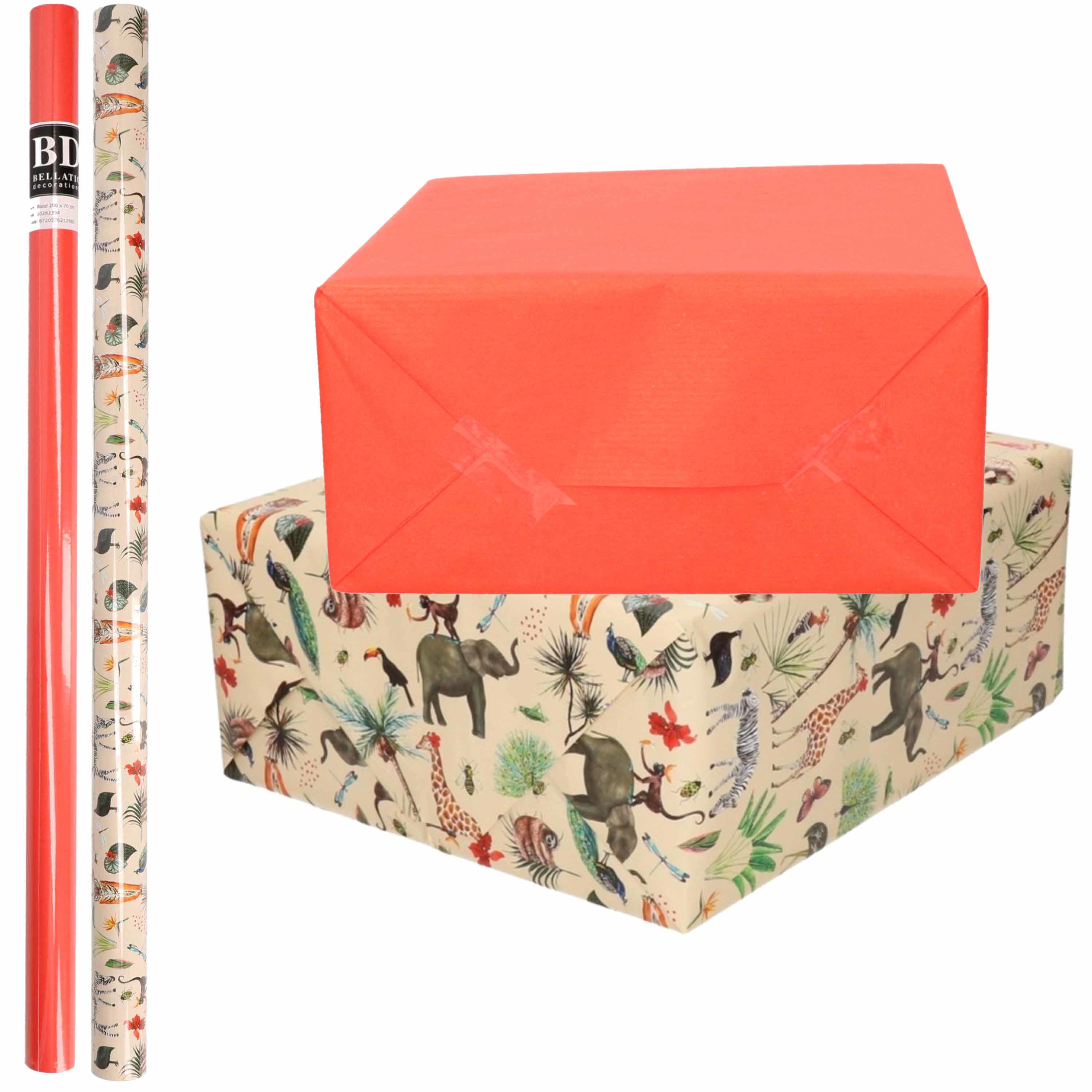 4x Rollen kraft inpakpapier jungle-oerwoud pakket dieren-rood 200 x 70 cm