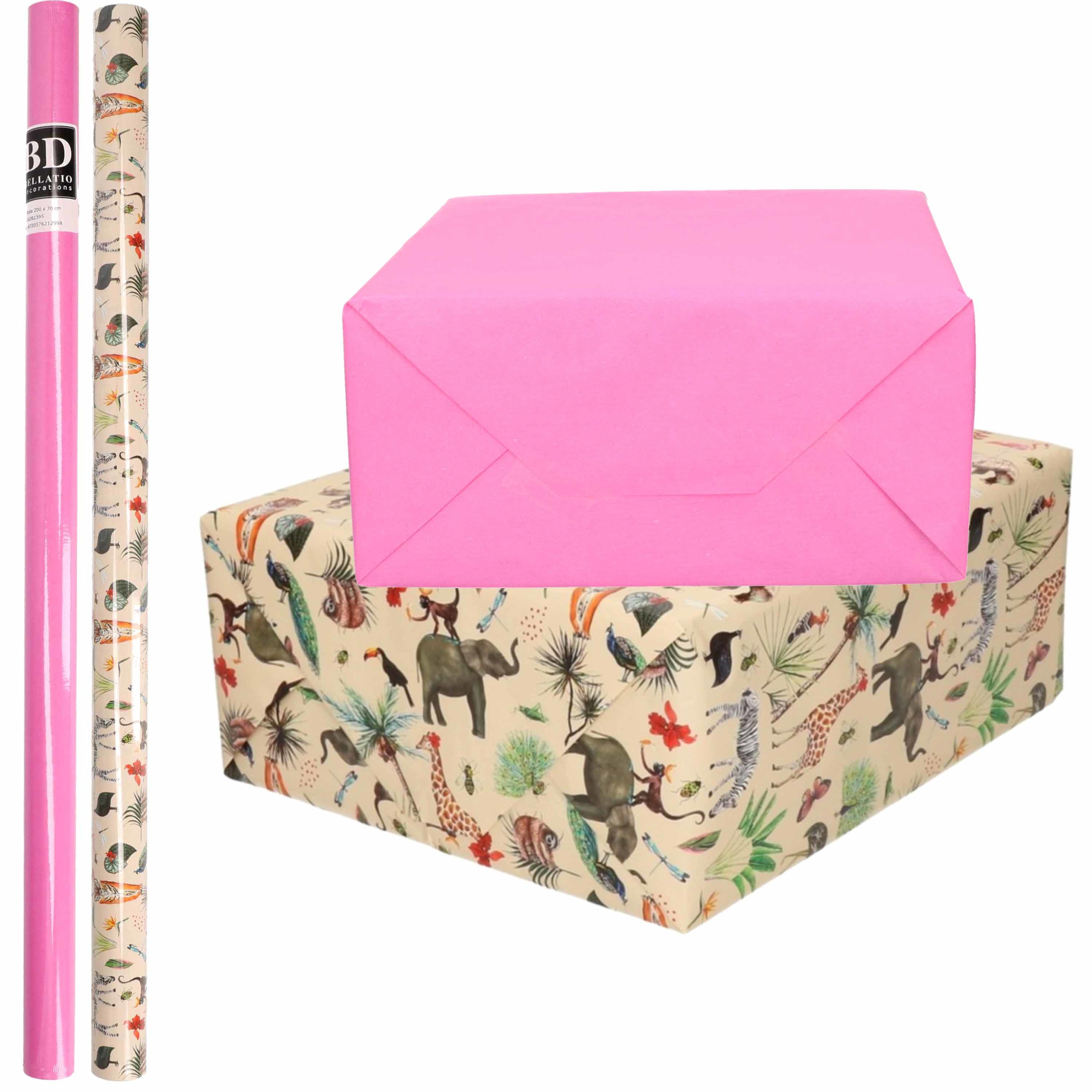 4x Rollen kraft inpakpapier jungle-oerwoud pakket dieren-roze 200 x 70 cm